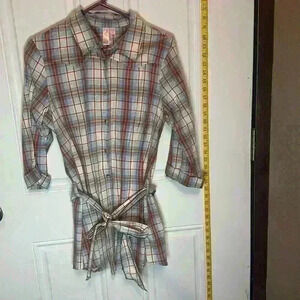 Women's 3/4 length sleeve cotton Plaid shirt with cute tie belt